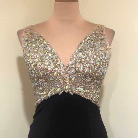 Poly USA By Neblon Gown Maxi Dress Size Small Petite Black Rhinestone - Picture 3 of 12